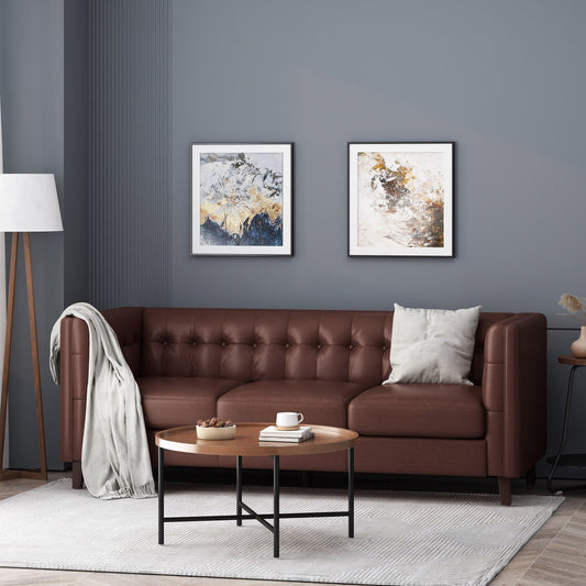 Faux Leather Button Tufted 3-seater Sofa with Birch Wood Legs