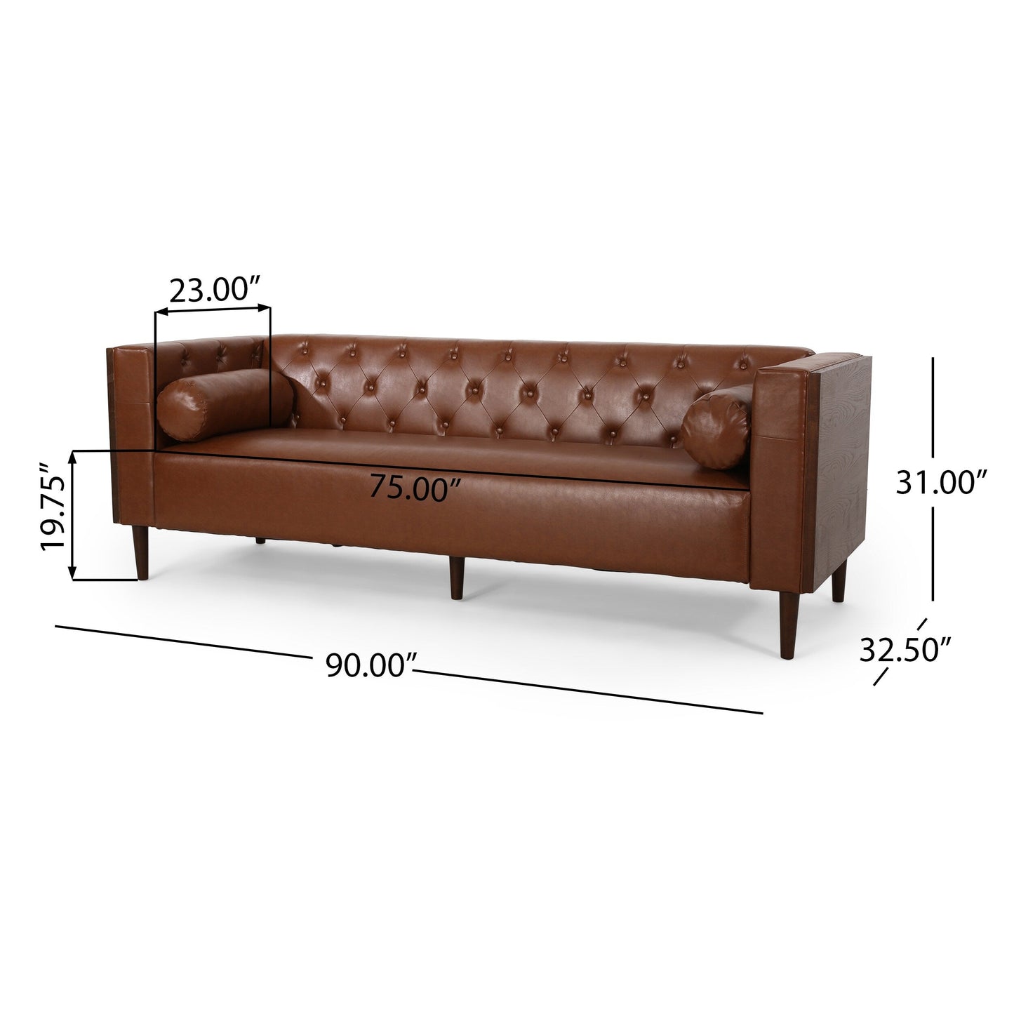Faux Leather Button Tufted 3-seater Sofa with Birch Wood Legs