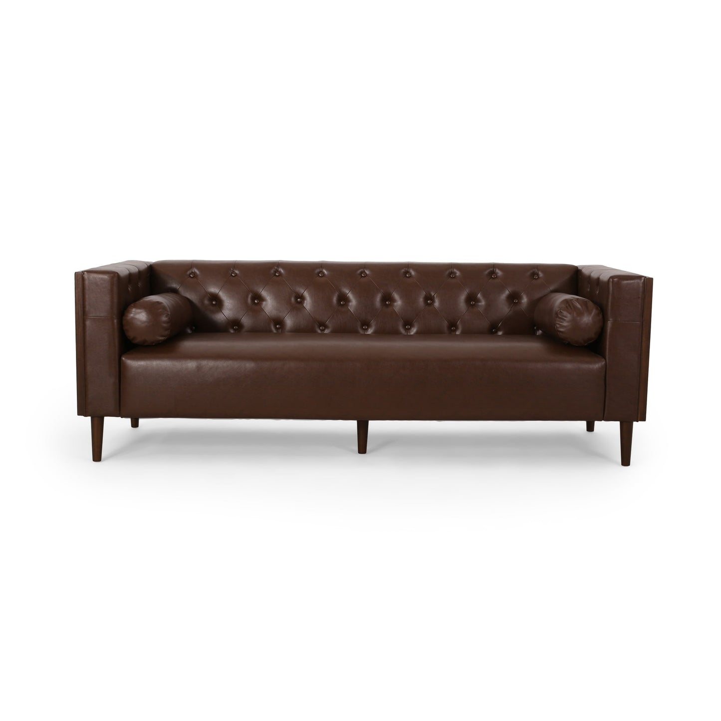 Faux Leather Button Tufted 3-seater Sofa with Birch Wood Legs