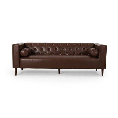 Faux Leather Button Tufted 3-seater Sofa with Birch Wood Legs
