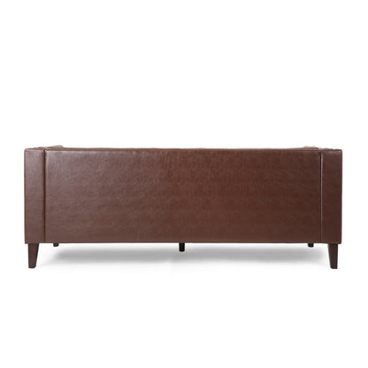 Faux Leather Button Tufted 3-seater Sofa with Birch Wood Legs