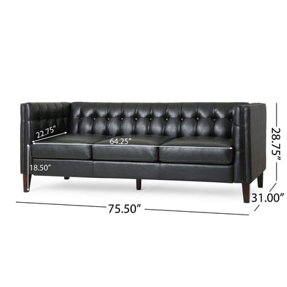 Faux Leather Button Tufted 3-seater Sofa with Birch Wood Legs