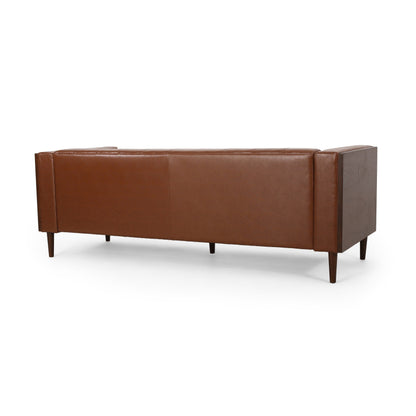 Faux Leather Button Tufted 3-seater Sofa with Birch Wood Legs