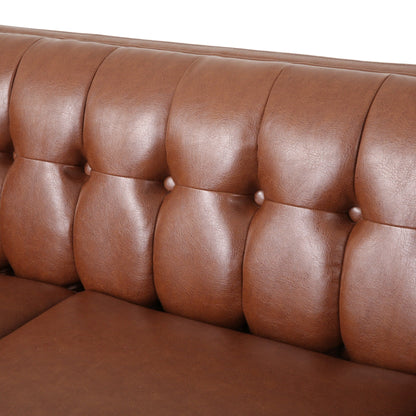 Faux Leather Button Tufted 3-seater Sofa with Birch Wood Legs
