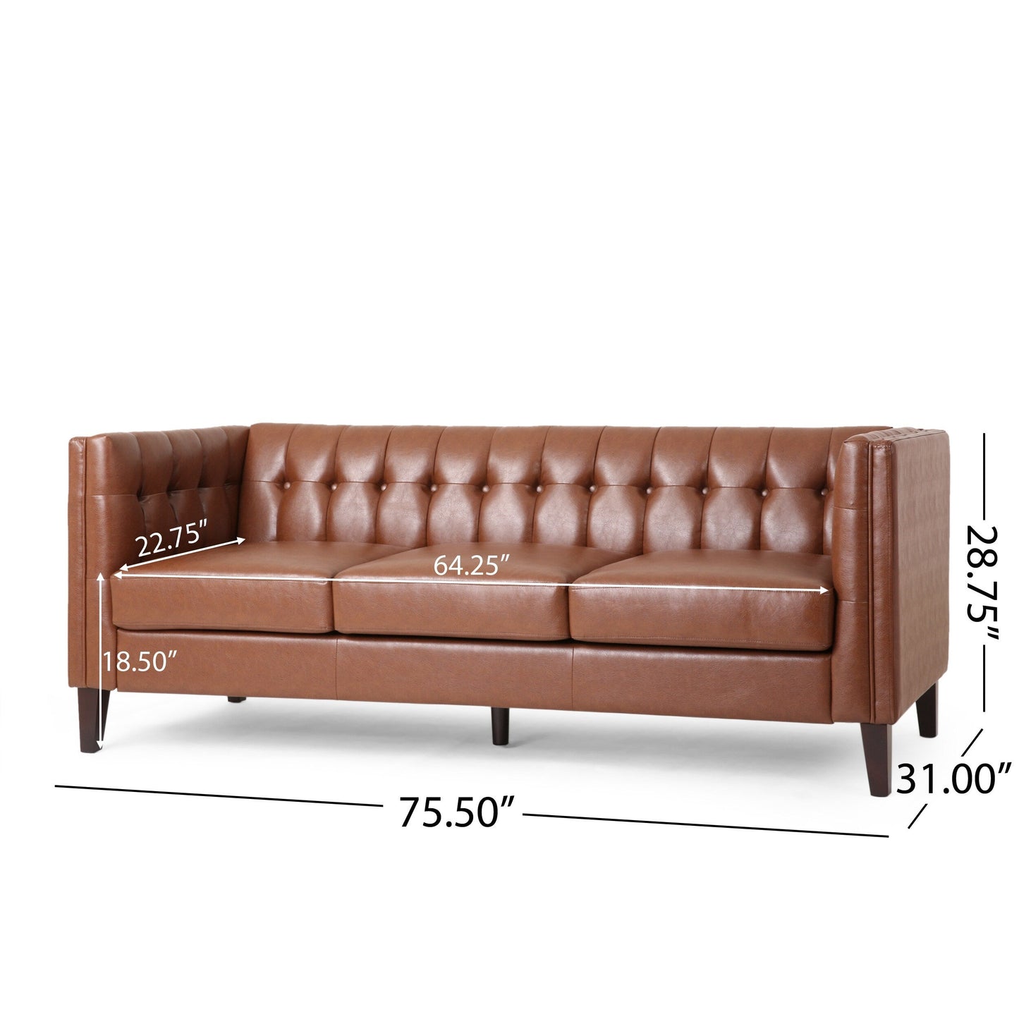 Faux Leather Button Tufted 3-seater Sofa with Birch Wood Legs