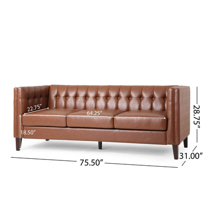 Faux Leather Button Tufted 3-seater Sofa with Birch Wood Legs
