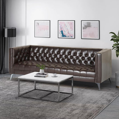 Faux Leather Button Tufted 3-seater Sofa with T-shaped Iron Legs