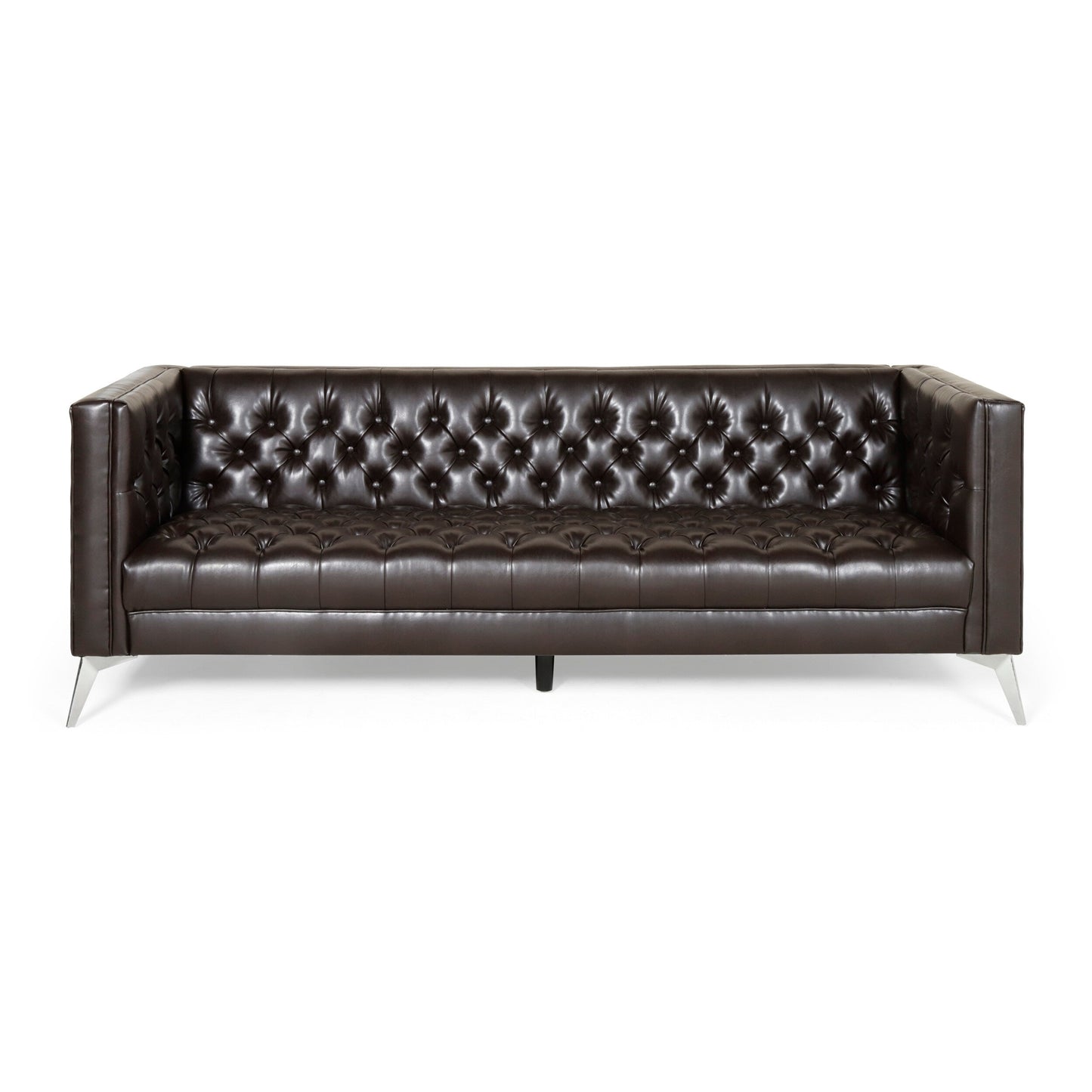 Faux Leather Button Tufted 3-seater Sofa with T-shaped Iron Legs