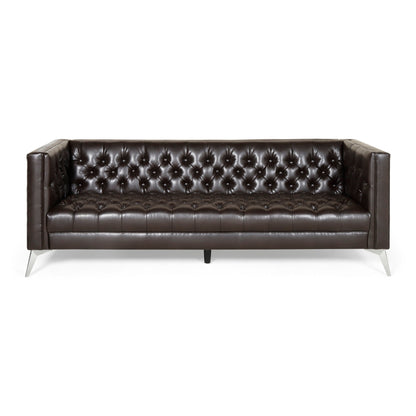 Faux Leather Button Tufted 3-seater Sofa with T-shaped Iron Legs