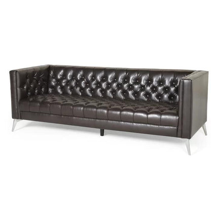 Faux Leather Button Tufted 3-seater Sofa with T-shaped Iron Legs
