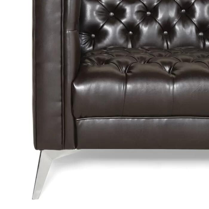 Faux Leather Button Tufted 3-seater Sofa with T-shaped Iron Legs