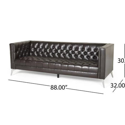 Faux Leather Button Tufted 3-seater Sofa with T-shaped Iron Legs