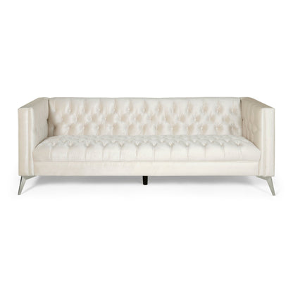 Faux Leather Button Tufted 3-seater Sofa with T-shaped Iron Legs