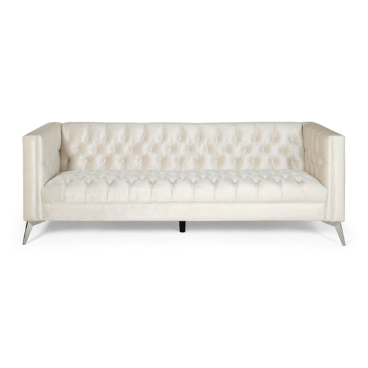 Faux Leather Button Tufted 3-seater Sofa with T-shaped Iron Legs