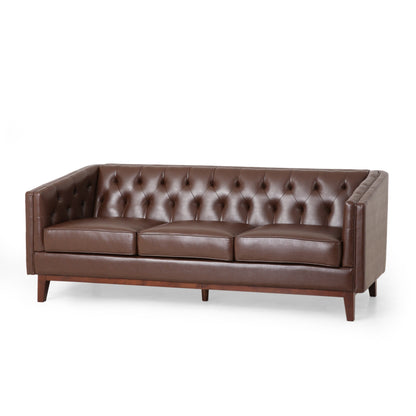 Faux Leather Button Tufted 3-seater Sofa with Wood Legs