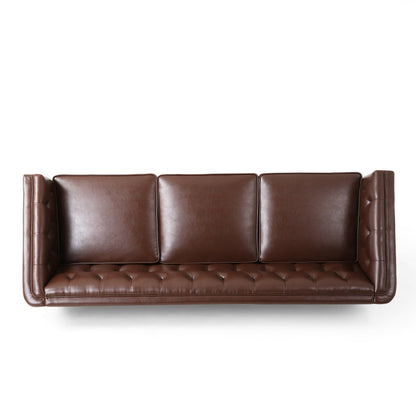 Faux Leather Button Tufted 3-seater Sofa with Wood Legs