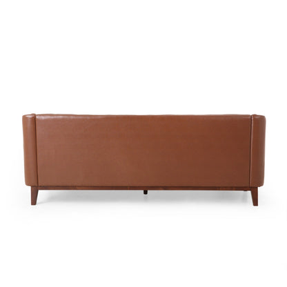 Faux Leather Button Tufted 3-seater Sofa with Wood Legs
