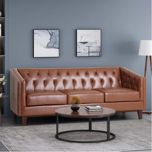 Faux Leather Button Tufted 3-seater Sofa with Wood Legs