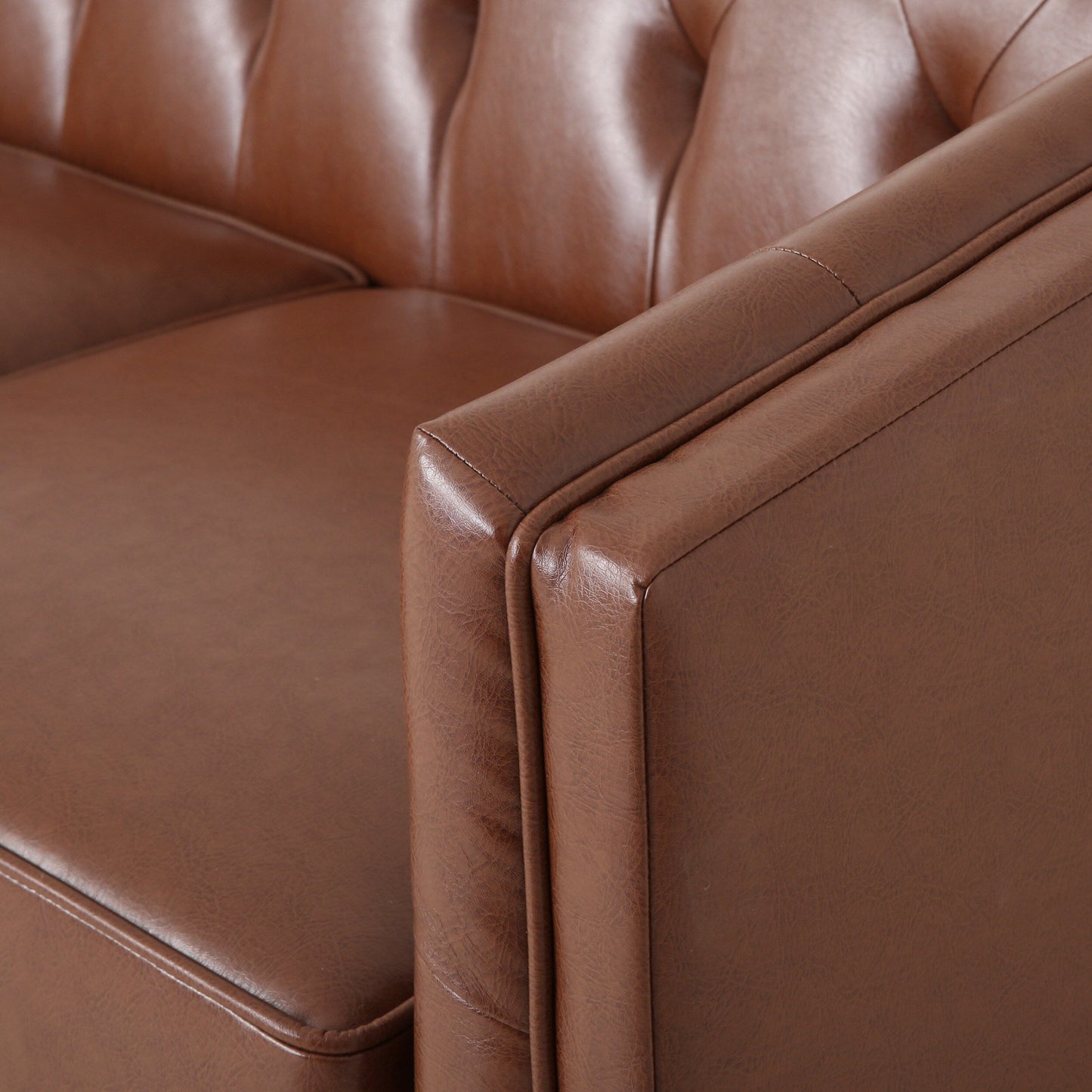 Faux Leather Button Tufted 3-seater Sofa with Wood Legs