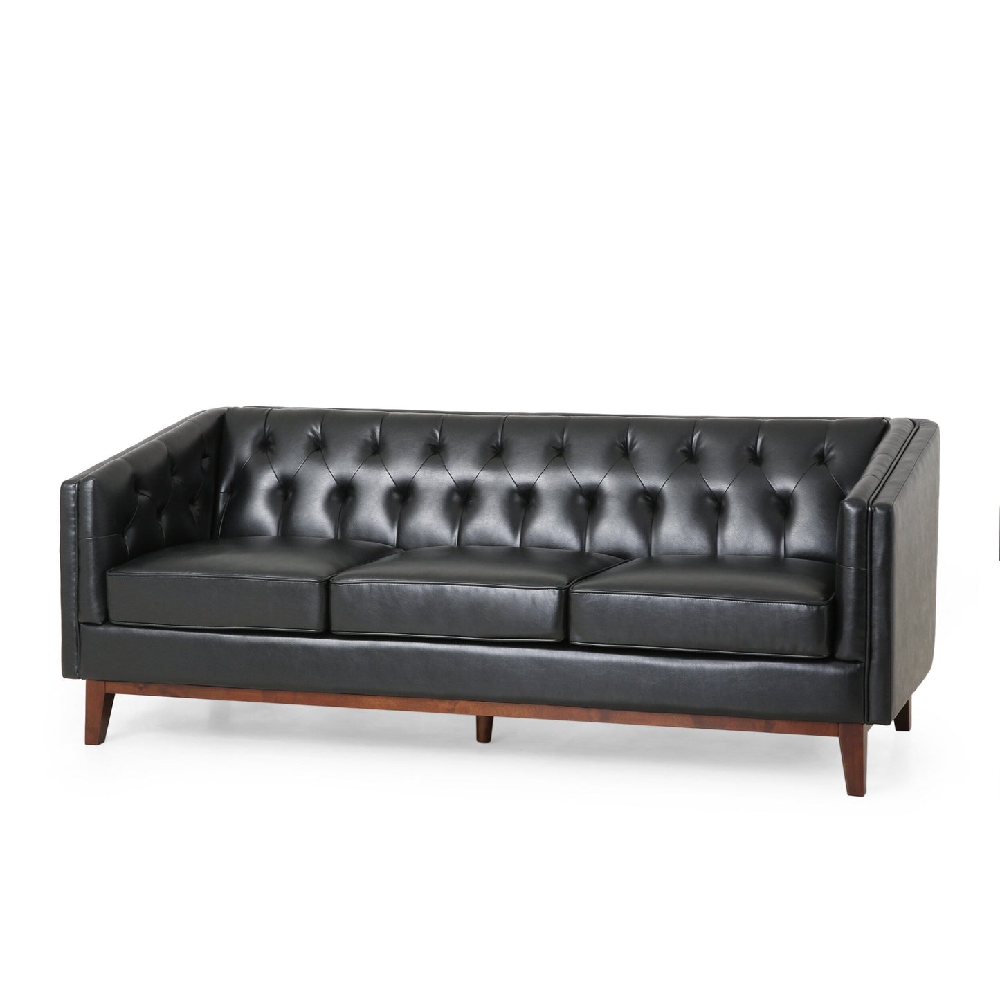 Faux Leather Button Tufted 3-seater Sofa with Wood Legs