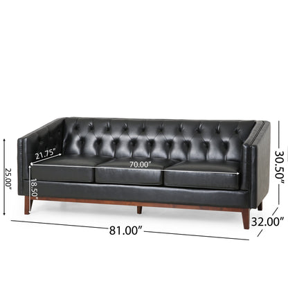 Faux Leather Button Tufted 3-seater Sofa with Wood Legs