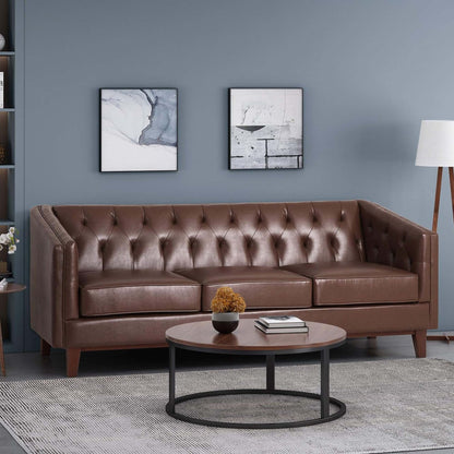 Faux Leather Button Tufted 3-seater Sofa with Wood Legs