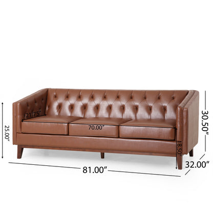 Faux Leather Button Tufted 3-seater Sofa with Wood Legs