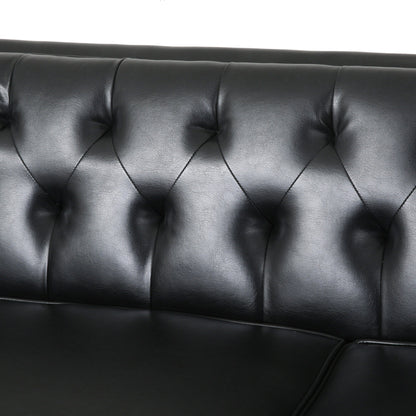 Faux Leather Button Tufted 3-seater Sofa with Wood Legs