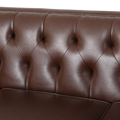 Faux Leather Button Tufted 3-seater Sofa with Wood Legs