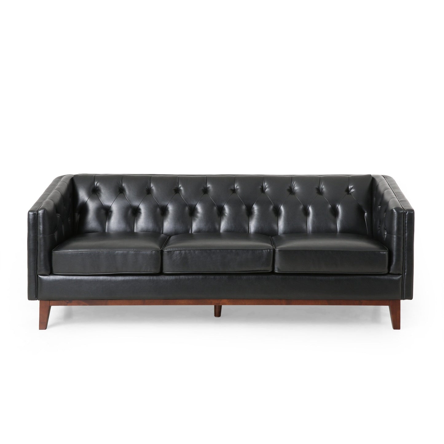 Faux Leather Button Tufted 3-seater Sofa with Wood Legs