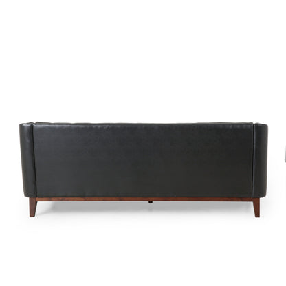 Faux Leather Button Tufted 3-seater Sofa with Wood Legs