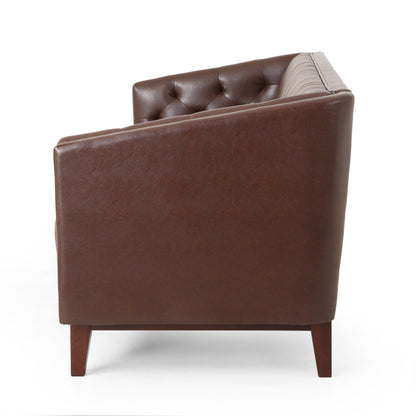 Faux Leather Button Tufted 3-seater Sofa with Wood Legs