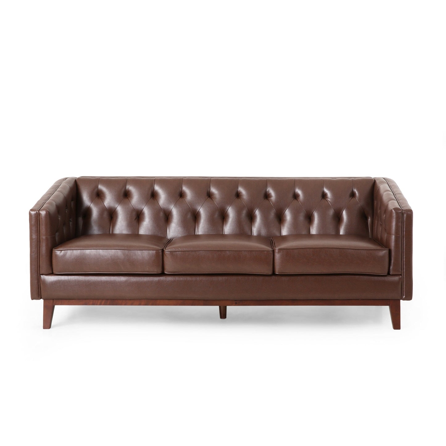 Faux Leather Button Tufted 3-seater Sofa with Wood Legs