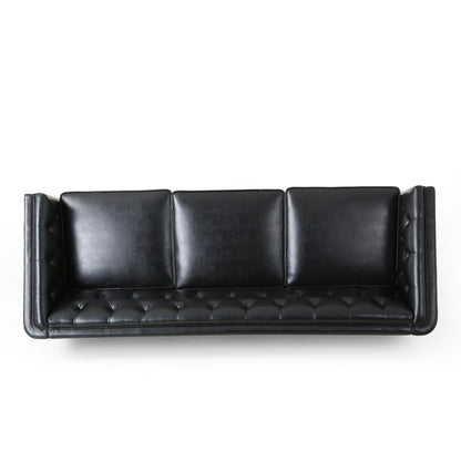 Faux Leather Button Tufted 3-seater Sofa with Wood Legs