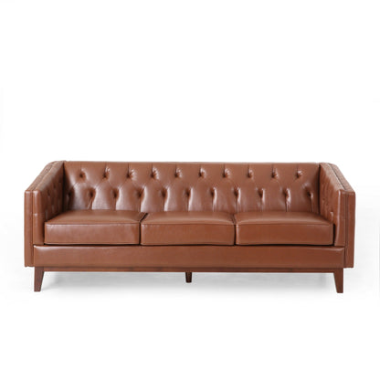 Faux Leather Button Tufted 3-seater Sofa with Wood Legs