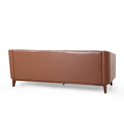 Faux Leather Button Tufted 3-seater Sofa with Wood Legs