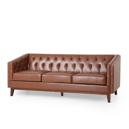 Faux Leather Button Tufted 3-seater Sofa with Wood Legs