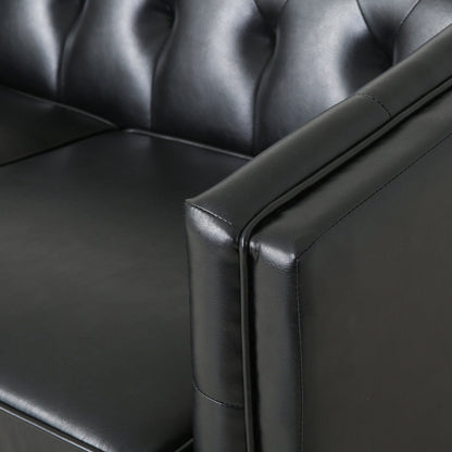 Faux Leather Button Tufted 3-seater Sofa with Wood Legs