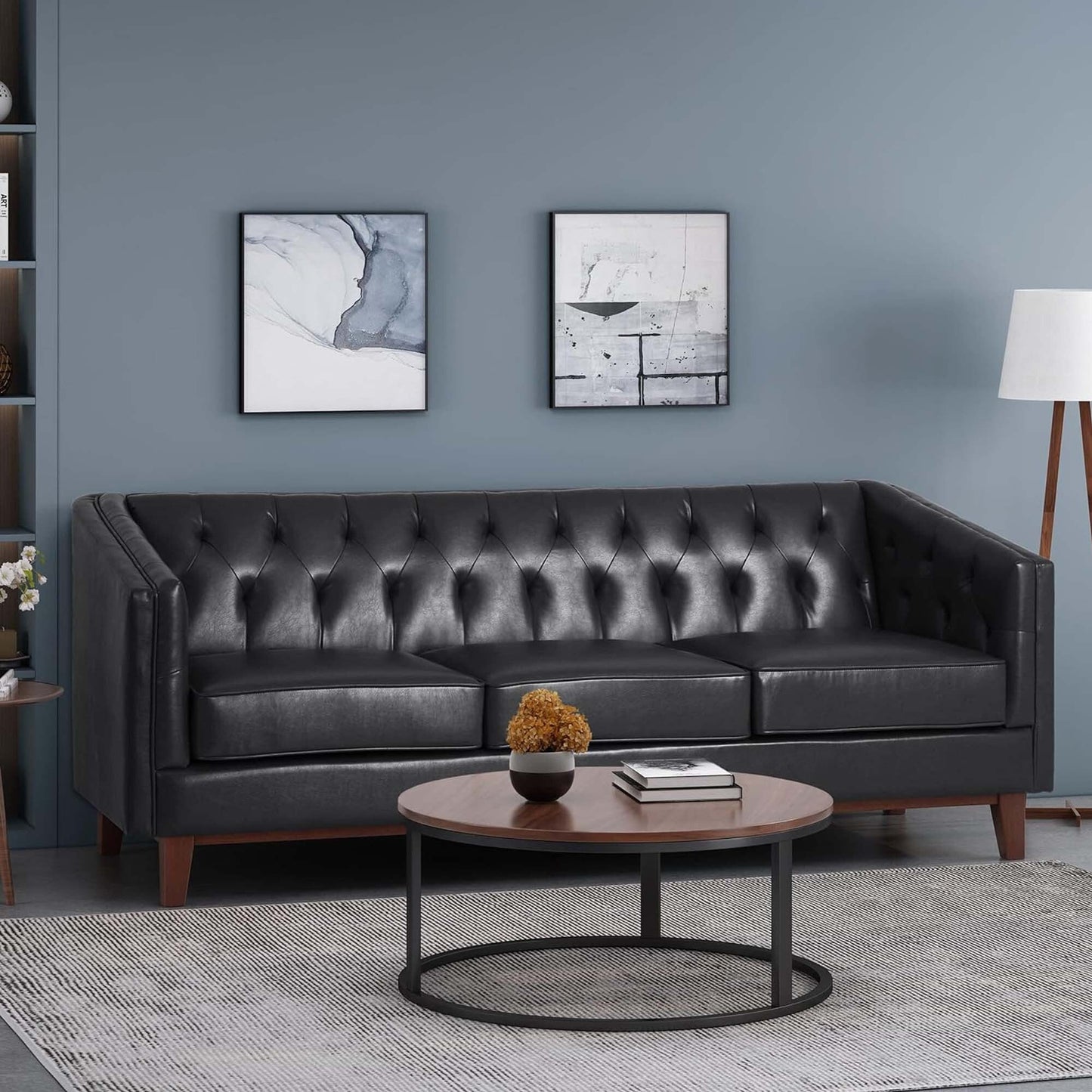 Faux Leather Button Tufted 3-seater Sofa with Wood Legs