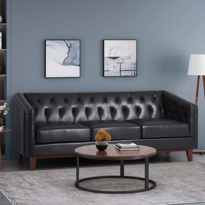 Faux Leather Button Tufted 3-seater Sofa with Wood Legs