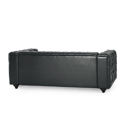 Faux Leather Button Tufted 3-seater Sofa with Wood Legs