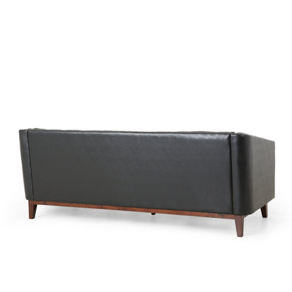 Faux Leather Button Tufted 3-seater Sofa with Wood Legs