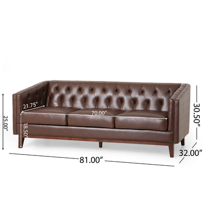 Faux Leather Button Tufted 3-seater Sofa with Wood Legs