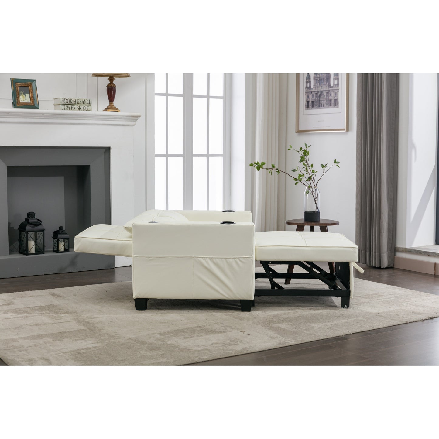 Faux Leather Convertible Sofa Bed with USB Ports