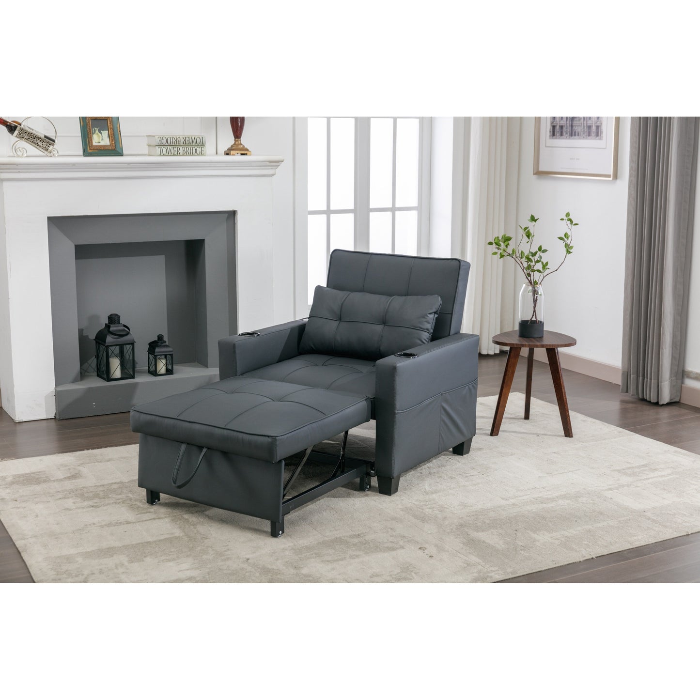Faux Leather Convertible Sofa Bed with USB Ports