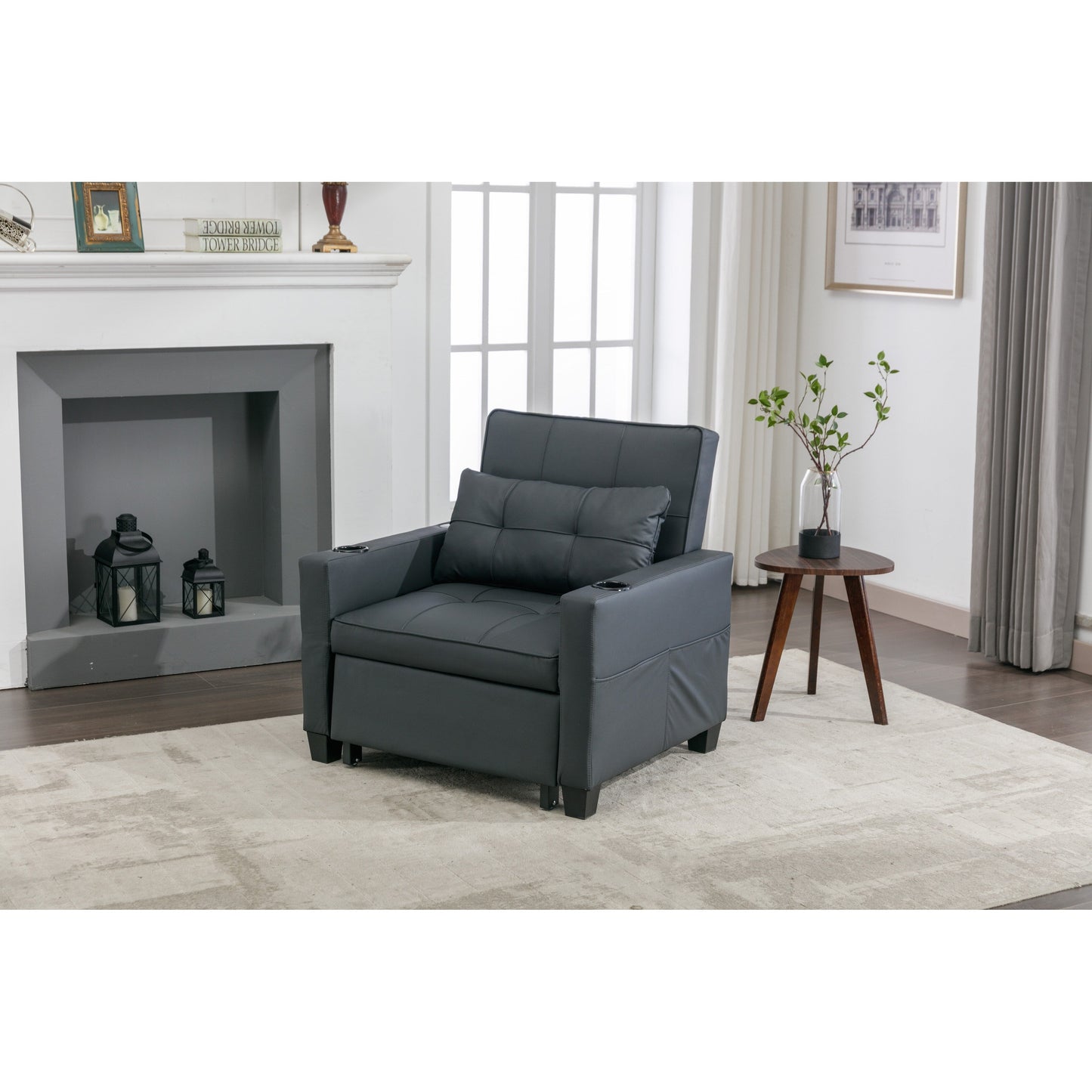 Faux Leather Convertible Sofa Bed with USB Ports