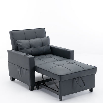 Faux Leather Convertible Sofa Bed with USB Ports