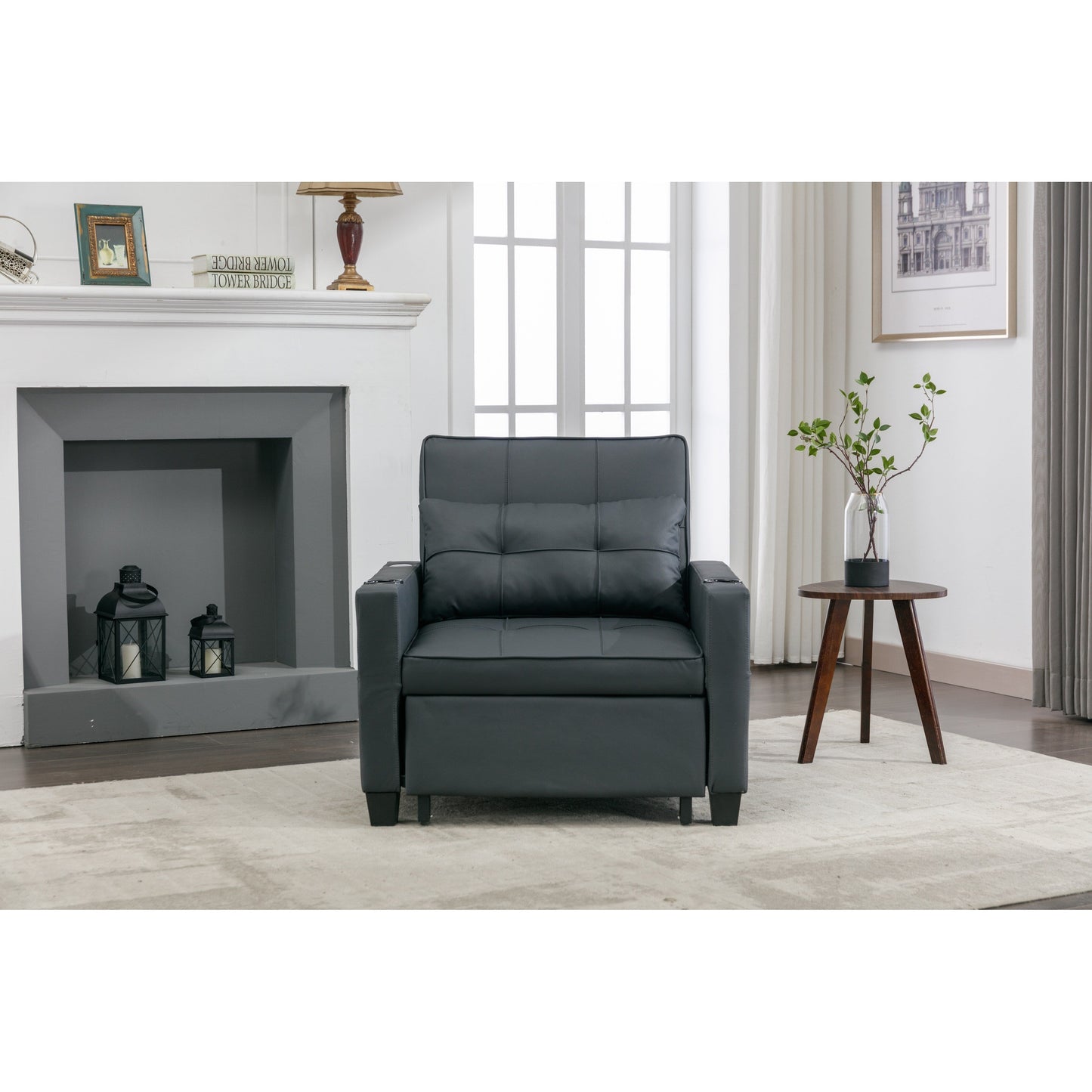 Faux Leather Convertible Sofa Bed with USB Ports