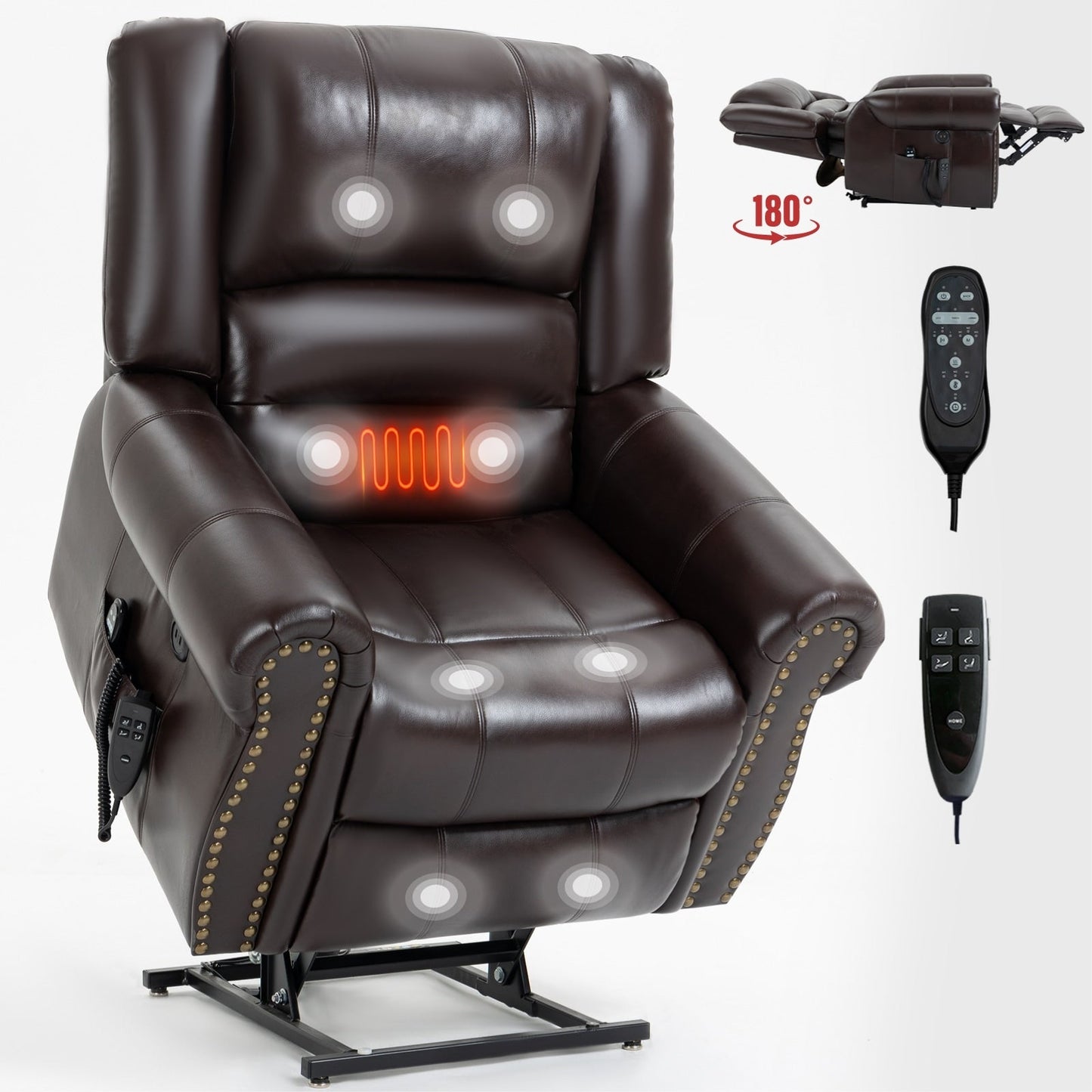 Faux Leather Dual Motor Power Lift Recliner Chair with Heat Massage, USB Ports, and Infinite Recline Positions