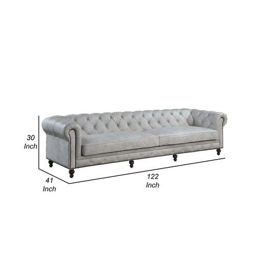 Ferry 122 Inch Chesterfield Sofa, Off White Tufted Top Grain Leather